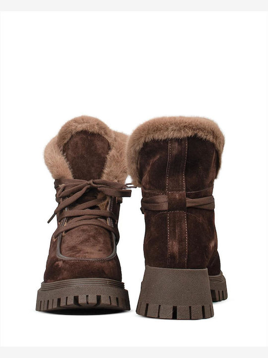 Suede Women's Ankle Boots with Fur Brown