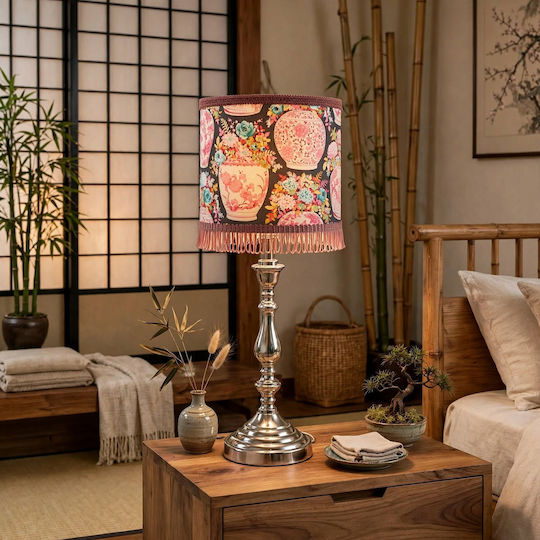 Japanesse Blossom Ceramic Vintage Table Lamp for E14 Socket with Shade and White Base