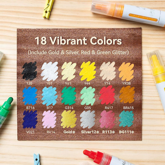 Ohuhu Vibrant Colors Μαρκαδόροι Ζωγραφικής Ακρυλικό 7mm Λεπτοί Σετ 18τμχ