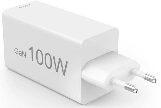 HAMA Зарядно Устройство Без Кабел GaN с USB-A Изходен Порт и 2 USB-C Изходни Порта 100W Power Delivery Бяло