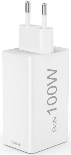 HAMA Зарядно Устройство Без Кабел GaN с USB-A Изходен Порт и 2 USB-C Изходни Порта 100W Power Delivery Бяло