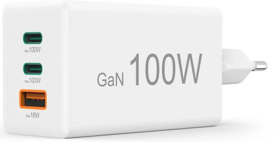 HAMA Зарядно Устройство Без Кабел GaN с USB-A Изходен Порт и 2 USB-C Изходни Порта 100W Power Delivery Бяло