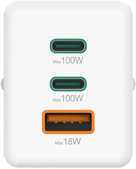 HAMA Зарядно Устройство Без Кабел GaN с USB-A Изходен Порт и 2 USB-C Изходни Порта 100W Power Delivery Бяло