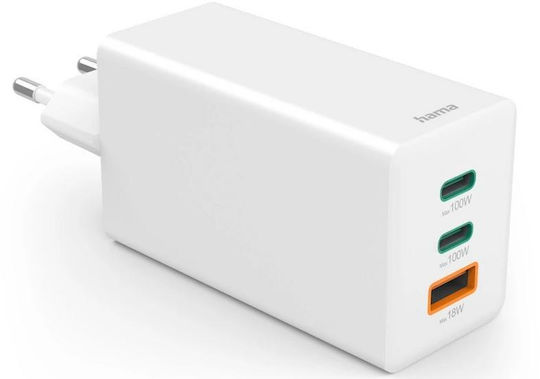 HAMA Зарядно Устройство Без Кабел GaN с USB-A Изходен Порт и 2 USB-C Изходни Порта 100W Power Delivery Бяло