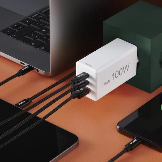 HAMA Зарядно Устройство Без Кабел GaN с USB-A Изходен Порт и 2 USB-C Изходни Порта 100W Power Delivery Бяло