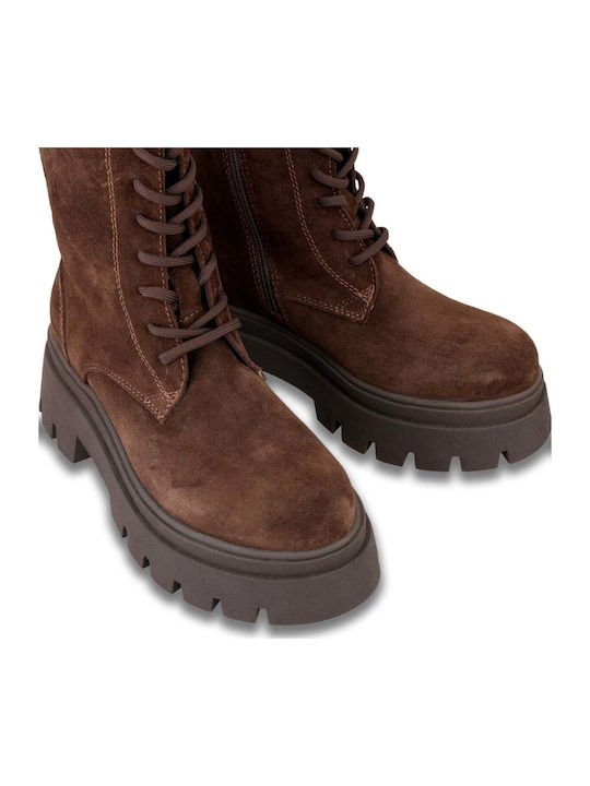 Wildleder Damen Kampfstiefel mit Mittelhohem Absatz Braun