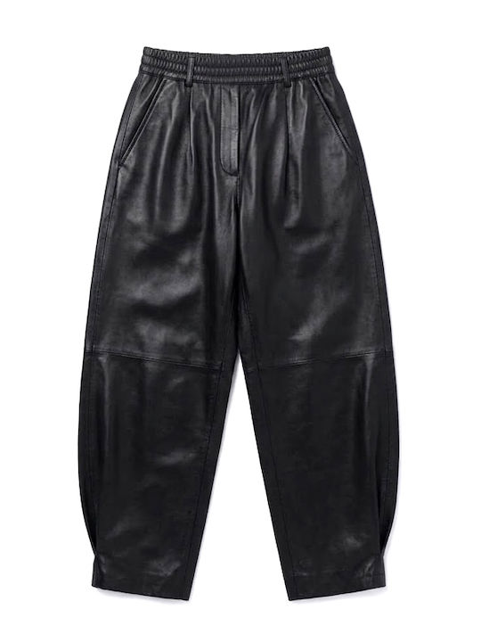 Women's Leather Trousers with Elastic in a Loose Fit Black
