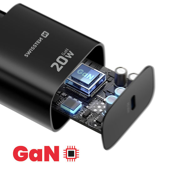 Swissten Φορτιστής Χωρίς Καλώδιο GaN με Θύρα USB-C 20W Power Delivery Μαύρος (22071710)