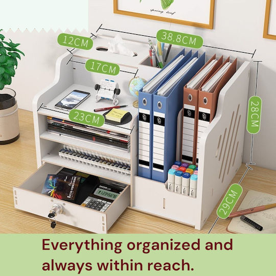 Organizator de Birou Din Lemn Cu 9 Compartimente Sertar Organizator Pentru Chei Documente A4 Accesorii Pentru Bibliorafturi 38.8 X 29 X 28 Cm Alb