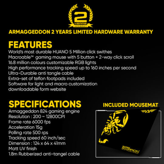 Armaggeddon Scorpion 7 Lite RGB Gaming Ποντίκι 12800 DPI Μαύρο