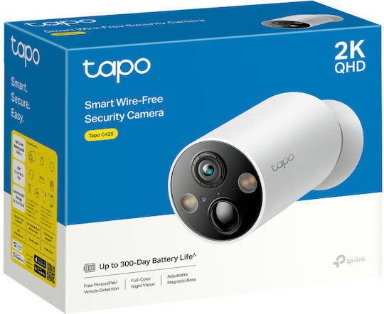 TP-LINK Tapo C425 v1.2 IP Überwachungskamera Full HD+ 4MP Wasserdicht Batteriebetrieben mit Zwei-Wege-Kommunikation und Objektiv 2.1mm