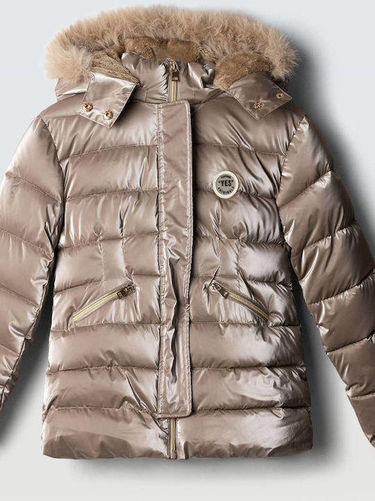 Kids Short Fur with Lining & Hood Beige, Gold