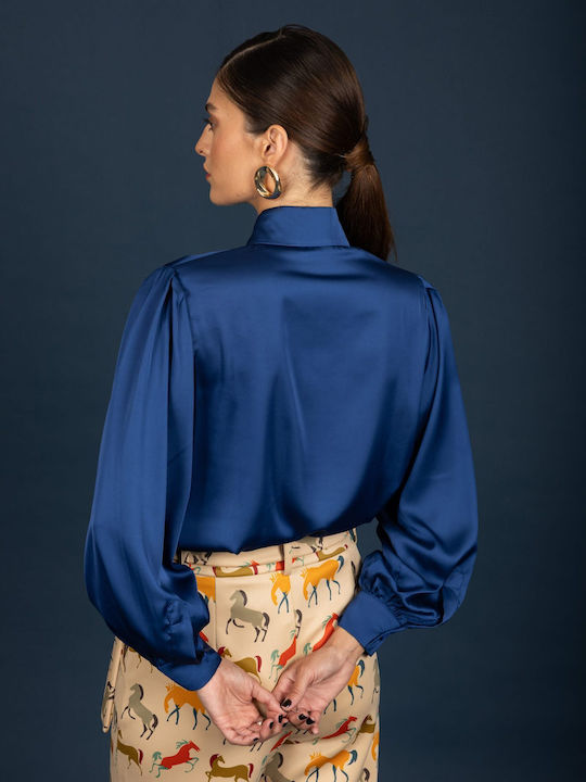 Long Sleeve Women's Satin Shirt Blue