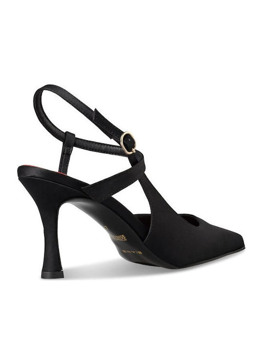 Spitze Satin-Pumps mit Stilettoabsatz und Riemchen Schwarz