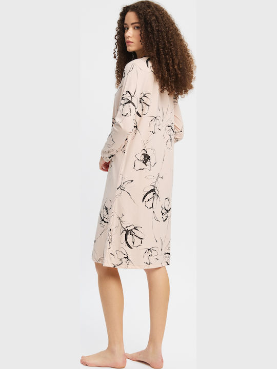 Minerva Зимна Памучна Дамска Нощна Риза Somon Floral Floral