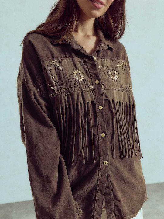 Celestino Women's Corduroy Shirt Fringes Brown