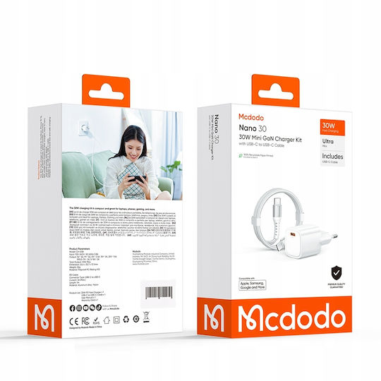 Mcdodo Handyladegerät mit USB-C Ausgangsanschlüsse und Kabel USB-C - USB-C 30W Weiß (CH-0083)