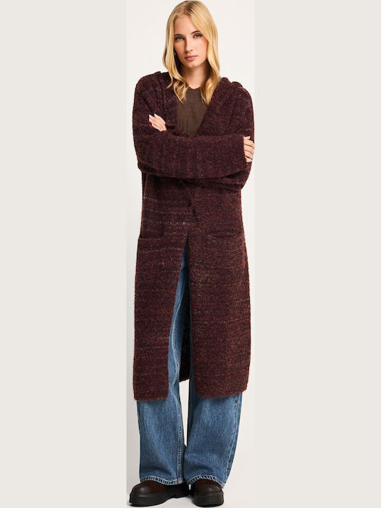 Long Women's Knitted Cardigan with Buttons Burgundy