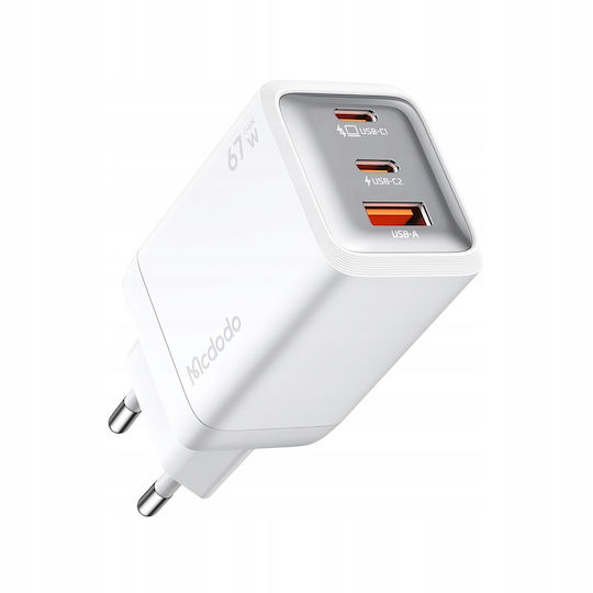 Mcdodo Зарядно устройство Без Кабел с USB-A Порт и 2 USB-C Порта 67W Power Delivery Сив (CH-0971)