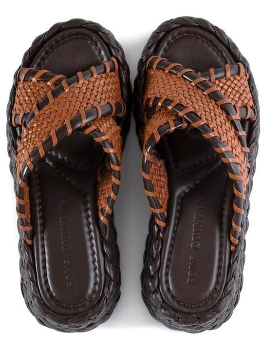 Leather Women's Flat Sandals Flatforms Brown 12023 T00