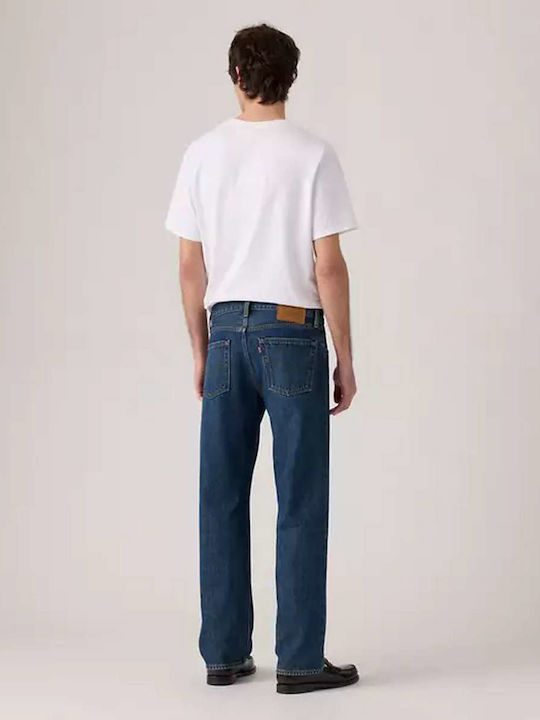 Dark Men's Jeans Pants Relaxed Straight Fit Dark Indigo Worn In Blue