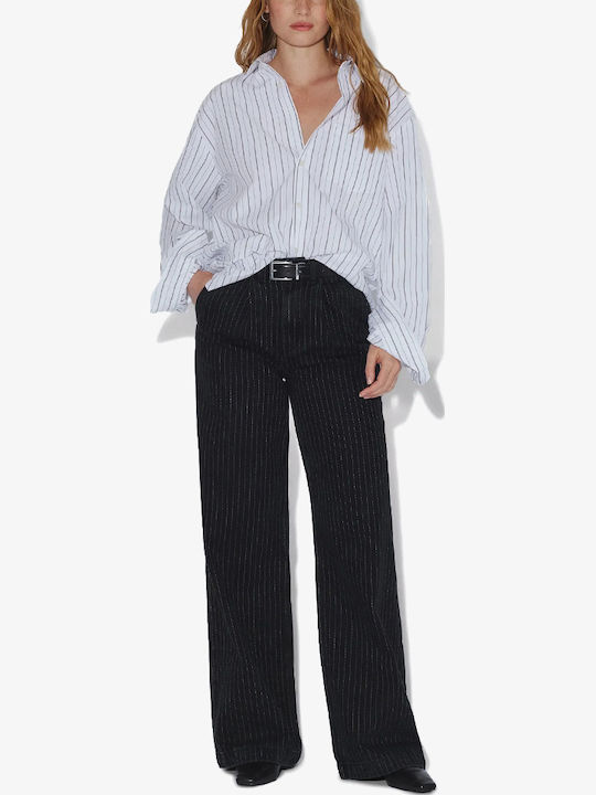Pantaloni Jeans Pentru Femei High Rise Linie Wide Negru