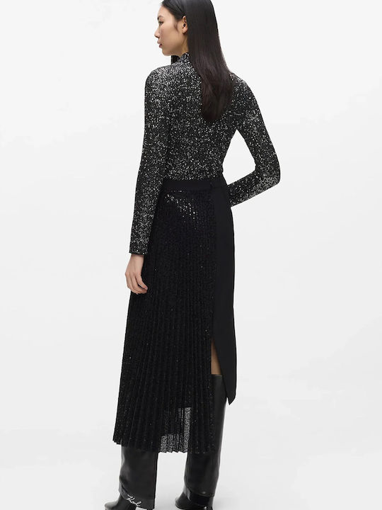 Plissierte Hohe Taille Midi Damenrock Schwarz