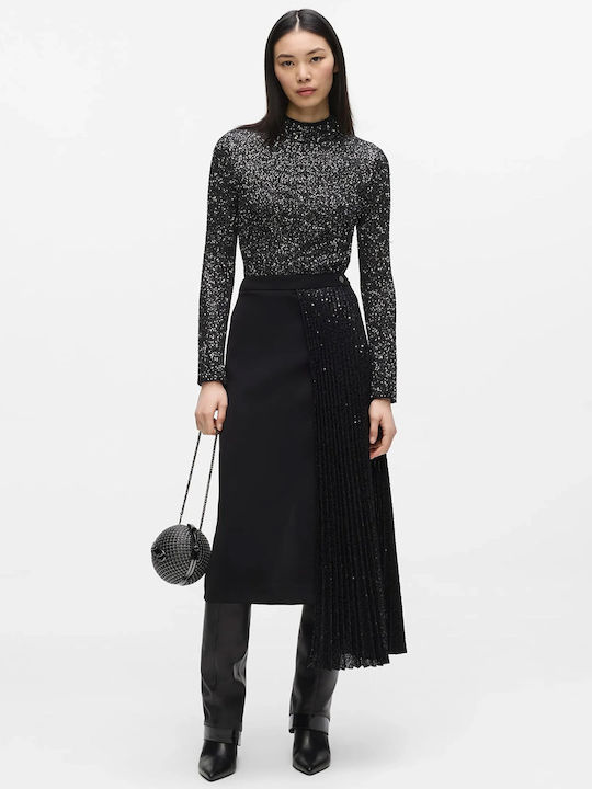 Plissierte Hohe Taille Midi Damenrock Schwarz