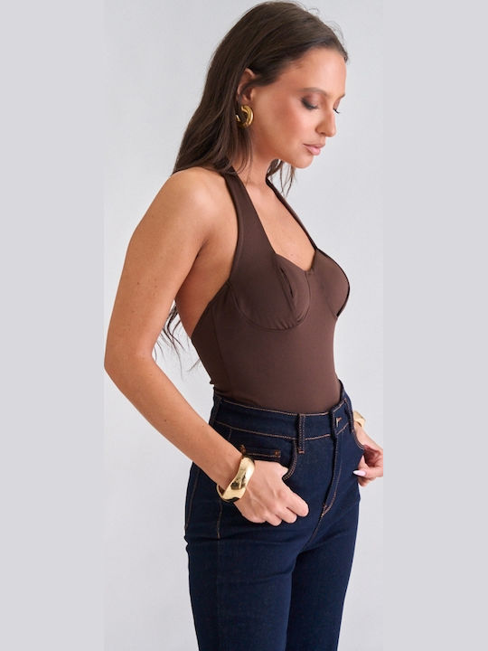 Backless Bodysuit Padded Dark Brown