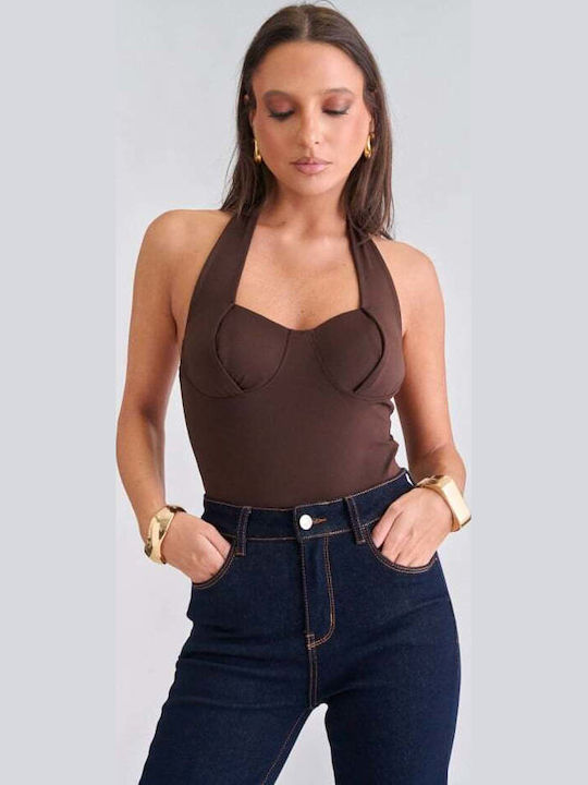 Backless Bodysuit Padded Dark Brown