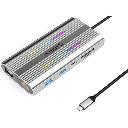 Orico Stație de andocare USB-C XCR 12 în 1 RGB cu HDMI 4K PD Ethernet Argintie