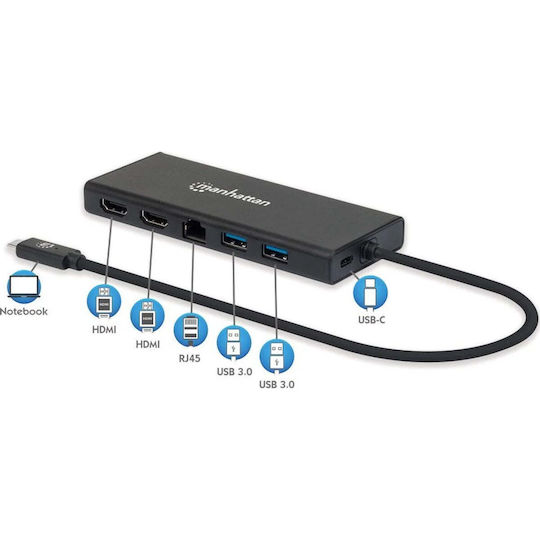Manhattan USB-C Docking Station with HDMI 4K PD Ethernet and 2 Monitors Connection Black