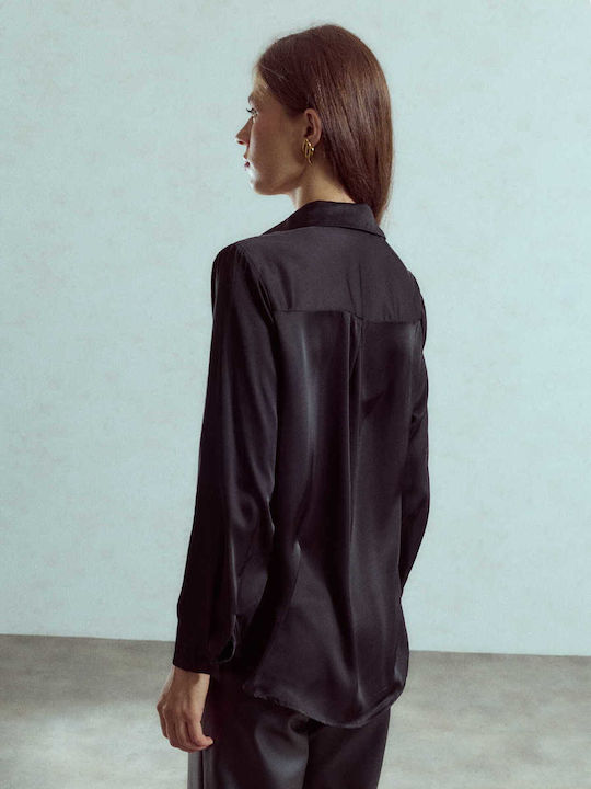 Celestino Damenhemden Satin Monochrom Schwarz