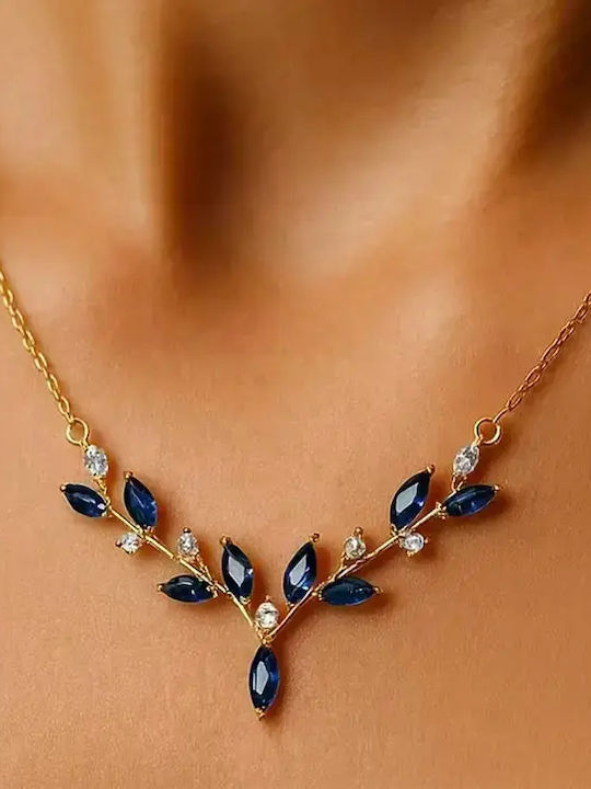 By Queen Colier Din Argint 925 Sapphire Leaves Nuanță Aurie Cu Zircon Albastru