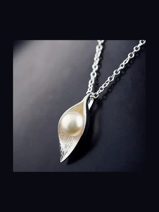By Queen Ασημένιο Κολιέ 925 Lumière Pearl Leaf Πέρλα