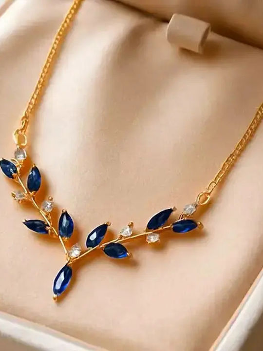 By Queen Colier Din Argint 925 Sapphire Leaves Nuanță Aurie Cu Zircon Albastru