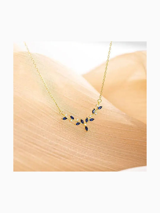 By Queen Colier Din Argint 925 Sapphire Leaves Nuanță Aurie Cu Zircon Albastru