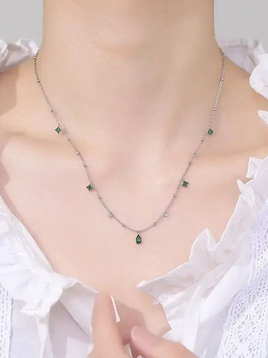 By Queen Ασημένιο Κολιέ 925 Emerald Drops Mε Πράσινα Ζιργκόν
