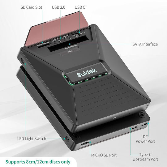 Външно оптично устройство CD DVD-RW 7 в 1 2,5-инчов четец на HDD SSD SATA слот SD TF карти USB-C хъб Plug and Play Съвместимо с Mac Windows Linux