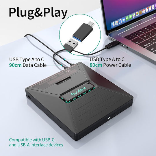 Външно оптично устройство CD DVD-RW 7 в 1 2,5-инчов четец на HDD SSD SATA слот SD TF карти USB-C хъб Plug and Play Съвместимо с Mac Windows Linux