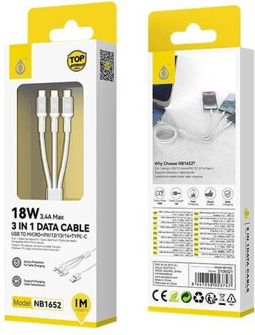Καλωδιο Usb Mtk 3 1 Micro Usb-iphone-type C 3.4a 18w 1m Λευκο 463.053747