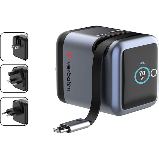 Verbatim GaN-Ladegerät mit USB-A- und USB-C-Anschluss und USB-C-Kabel 70 W Power Delivery / Quick Charge 3.0 Grau (32059)