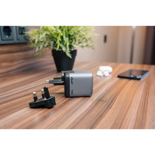 Verbatim GaN-Ladegerät mit USB-A- und USB-C-Anschluss und USB-C-Kabel 70 W Power Delivery / Quick Charge 3.0 Grau (32059)