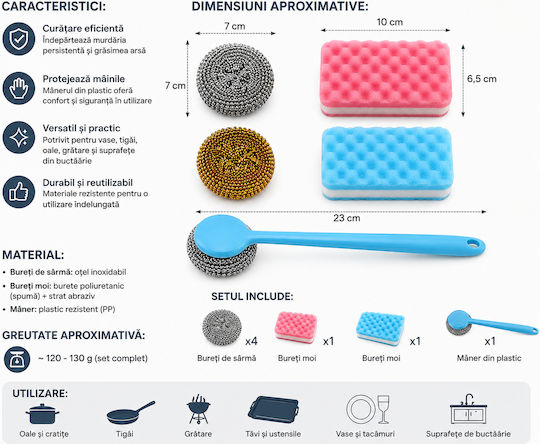 Set de Spălat Vase pentru Bucătărie Farfurii Tăvi Oale Conține Mâner din PVC 4 Bureți din Sârmă 2 Bureți Moi Utilizare Universală