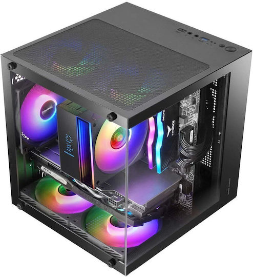 Mars Gaming MC-CUBE Gaming Midi Tower Computer Case with Side Window and RGB Lighting Black