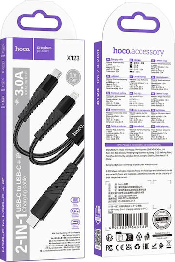 Hoco Cablu USB la Type-C / Lightning 3A Negru 1 m X123B