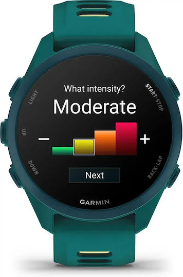 Garmin Forerunner 170 Music 43 mm Wasserdichte Smartwatch mit Herzfrequenzmesser (Petrolgrün Zitronengelb)