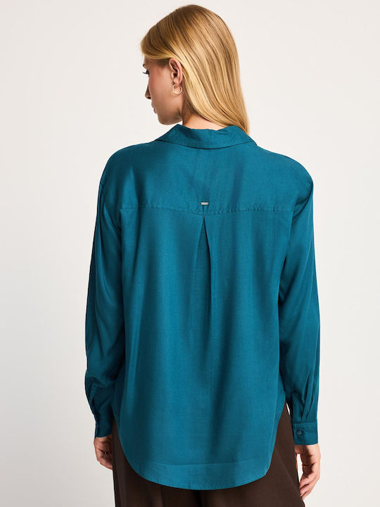 Μακρυμάνικο Γυναικείο Πουκάμισο Teal Blue Μονόχρωμο