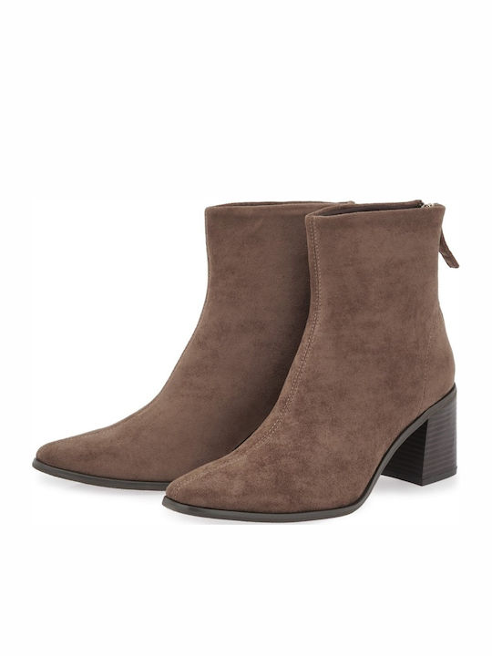Suede Γυναικεία Μποτάκια με Μεσαίο Τακούνι Brown