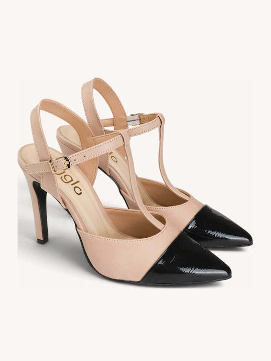 Nude Zweifarbige T-Strap Pumps Aus Lackleder Mit Spitze